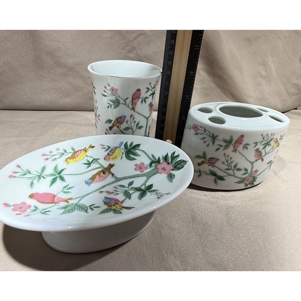 Vtg Jakson Midcentury Tropical Birds Toothbrush Holder Soap Dish Cup Tree Floral - Picture 15 of 15